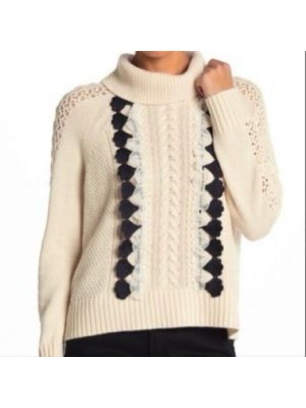 J CREW RUFFLE FRONT CABLE KNIT WOOL BLEND CREAN SWEATER. SIZE S